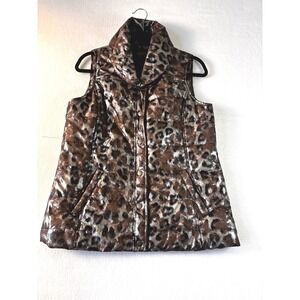 Casual Identity Metallic Leopard Print Puffer Vest Black Silver Snap Front Small